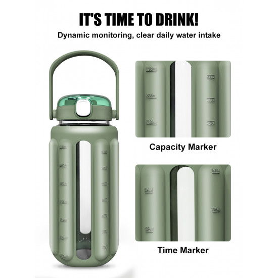 Large Glass Water Bottle with Straw, 64oz Water Bottle with Handle, Thicken Silicone Sleeve, Time Marker, Folding Straw, Leak Proof Buckle, Sport Water Jugs for Home Travel Gym(Olive)